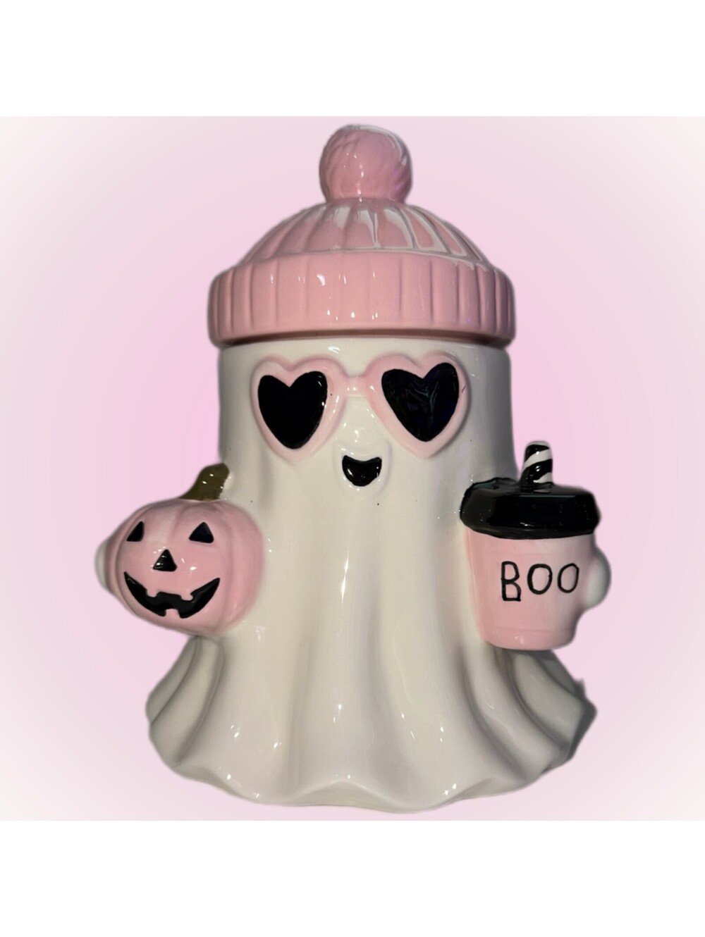 New Pink Halloween Ghost Ceramic Cookie Jar with Pumpkin and Boo Coffee